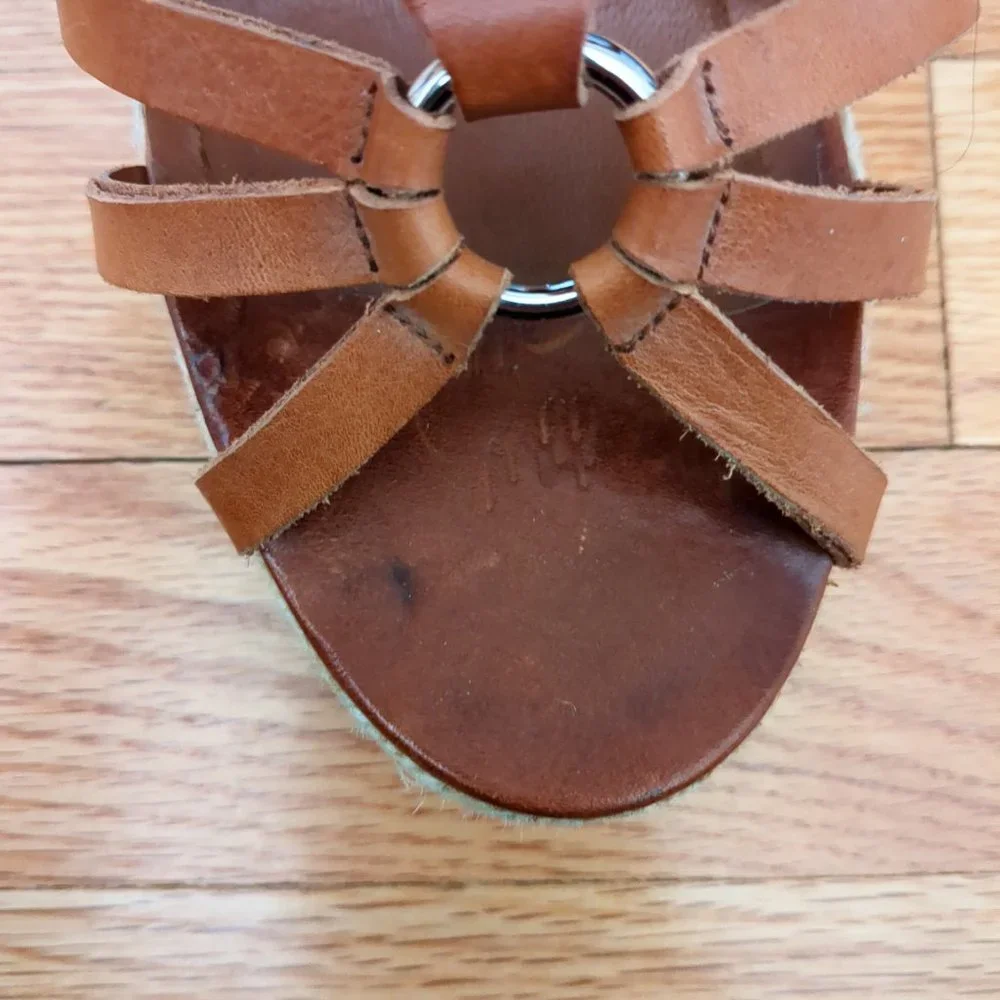 [SOLD] Coach Cognac Brown Leather Caged T-Strap Espadrille Wedge Strappy Sandals - Picture 4 of 16